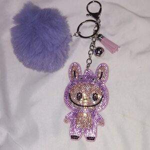 Purple and Pink Rhinestone Keychain with Pom Pom